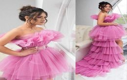 2022 Sexy Short Pink Prom Dresses Strapless Illusion Sleeveless Hi Lo Length Tulle Ruched Formal Party Dress Evening Gowns Tutu Sk6130920