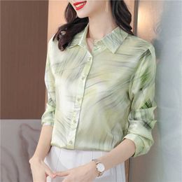 Silk Shirt Spring New Fashionable and Elegant Style Polo Collar Long Sleeves Covering Belly Show Slim Top for Women