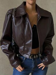 Women's Jackets Women Short Faux Leather Jacket Solid Colour Zipper Long Sleeve Motorcycle PU Biker Coat Outerwear