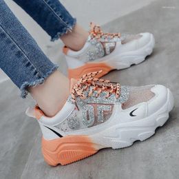 Fitness Shoes Fashion Woman 2024 Vulcanized Women's Shiny Sneakers Glitter Mesh Women Orange Platform Summer Trainers