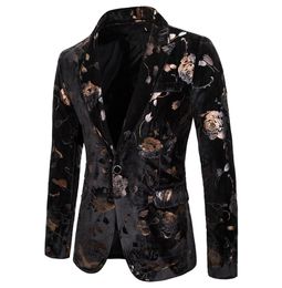 Mens Hipster Black Gold Rose Floral Bronzing Blazer Jacket Nightclub Men Suit Jacket Wedding Stage Singer Prom Slim Fit Blazers3285794