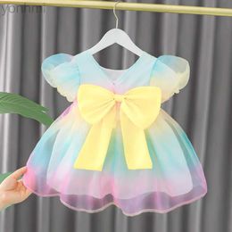 Girl's Dresses New Puff Sleeves Baby Girl Bow Dress Birthday Party Sweet Lovely Baby Ballet Evening Wedding Flower Girl Princess Dresses d240419