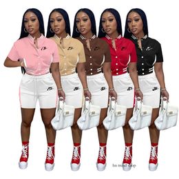 2024 Designer Brand Two Piece Sets Tracksuits Women Baseball Uniform Skinny Summer Outfits Short Sleeve Button Up Jacket and Drawstring Shorts Pockets 7783-a 963