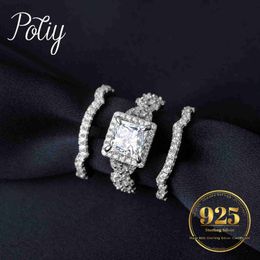 Solitaire Ring Potiy 3Pcs 925 Sterling Silver Halo Wedding Engagement Ring Set for Women 2.9ct Princess Cut 5A CZ Fashion Jewelry d240419