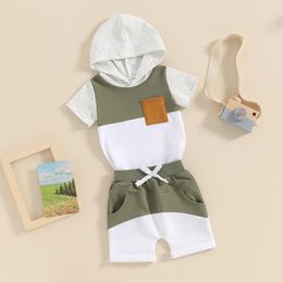 Clothing Sets Baby Boys Kids Summer Contrast Colour Activewear Short Sleeve Hooded T-Shirts And Drawstring Shorts Toddlers Boy 2Pieces