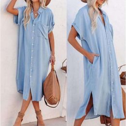 New Fashionable Solid Colour Denim Short Sleeved Dress, Medium Length Split Lining Dress F41941