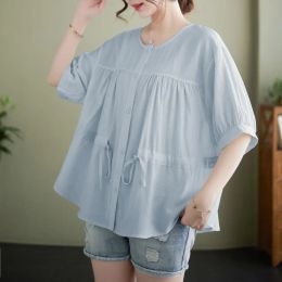 Dresses Drawstring Waist Pregnancy Shirts Summer Short Sleeve ONeck Button Fly Maternity Blouses Loose Pregnant Woman Chiffon Shirts