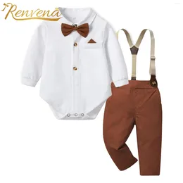 Clothing Sets Toddler Boys Clothes Gentleman Suit Long Sleeve Romper With Suspenders Pants Baptism Gown Baby Outfit For Infant