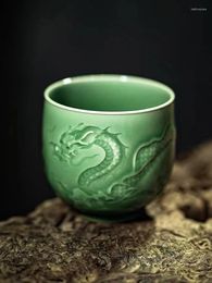 Tea Cups Longquan Handmade Celadon Master Cup Ceramic Teacups Single Retro Dragon Pattern