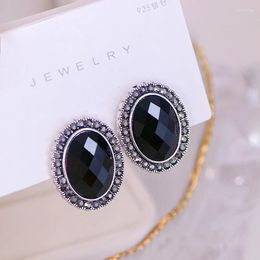 Stud Earrings Retro Ethnic Style Silver Color Oval For Women Vintage Boho Black Rhinestone Crystal Jewelry Accessories