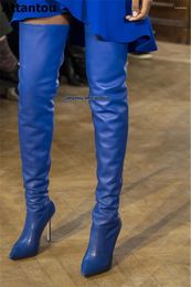 Boots Blue Leather Runway Over The Knee High Heels Women Pointed Toe Catwalk Show Shoes Woman Crotch Thigh Heeled Boot