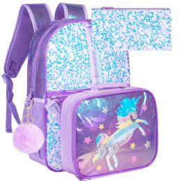 Bags 3PCS Unicorn Backpack for Girls, 16" Sequin Kids Bookbag and Lunch Box, Preschool Backpacks for Elementary Students