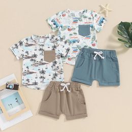 Clothing Sets 2024-02-27 Lioraitiin Toddler Boys Summer Outfits Beach Style Tree Print Short Sleeve T-Shirts Tops Elastic Waist Shorts Set