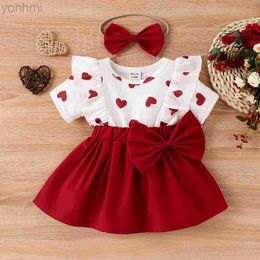 Girl's Dresses 2pcs Baby Girl Heart Print Ruffled Short-sleeve Faux-two Bow Front Dress Headband Set Soft and Comfortable d240419