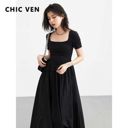 Basic Casual Dresses CHIC VEN Korean Womens Dresses Short Sleeve Pullover Black Long Beach Dress for Girl Summer 2024 New Office Lady Party Clothing 240419