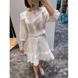Work Dresses Spring/summer 2024 Women's White Set Lace Single-Breasted Short Blouse Top Lady High Waist A-Line Ruffles Trim Mini Skirt