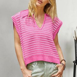 Women's Blouses Summer Women Tops Lapel V-neck Sleeveless Lady Pullover Striped Printed Loose Fit Knitting Blouse Streetwear For Shopping