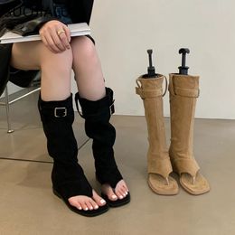 SUOJIALUN Autumn Women Loog Boot Fashion Open Toe Ladies Elegant Sandal Brand Wedge Heel Ladies Outdoor Knee High Boots 240415