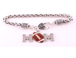 Selling Antique Sliver Plated Zinc Studded With Sparkling Crystal Rhinestone MOM FOOTBALL Pendant Charm Wheat Bracelet1704214
