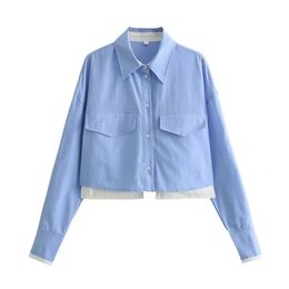 2024ZAR SpringSummer Selling Womens Wear Spliced Long sleeved Lapel Short Oxford Shirt Blue Top 240403