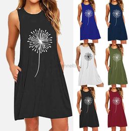 Basic Casual Dresses Womens Summer Casual Swing T-shirt Dresses Dandelions Printing Beach Cover Up With Pockets Loose T-shirt Dress robes pour femme 240419