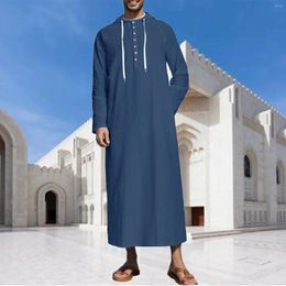 Ethnic Clothing Mens Muslim Dress Robe Arab Middle Long Sleeve Embroidered Pocket Shirt Cotton Linen Prayer