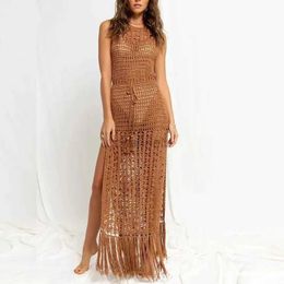 Basic Casual Dresses 2024 Sexy Hollow Out Fringe Tassel Knitted Crochet Beach Dress Women Beach Cover Ups For Swimwear Female Kimono Swimsuit Dress 240419