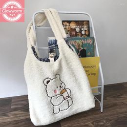 Bag Women Canvas Shoulder Warm Plush Cloth Fabric Handbag Soft Cotton Tote Large Capacity Embroidery Bear Book Bags For Ladies