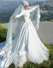 Elegant Muslim Long Sleeve Wedding Dresses High Collar Overskirt Bridal Gowns Long Train Bow Peplum Arabic Islamic Vestidos De Noi4174114