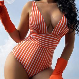 Striped One Piece Shapewear Bodysuit Vintage Swimwear Women V-neck Padded Bathing Swimsuit Female Summer Beachwear