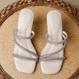Slippers 2024 Summer Women 7cm PVC High Heels Pumps Crystal Soft Leather Cross Belt Bling Leisure Wedding Valentine Bride Shoes