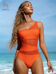 Sexy One shoulder Mesh Patchwork Onepieces Swimwear Women 2023 Hollow Out High Cut Womens swimsuit Monokini Push Up Bikini 240411