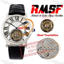 Rotonde Flying Tourbillon Automatic Mens Watch RMSF Steel Case Silver Black Roman Dial Leather Strap Super Edition Watches Reloj Hombre Montre Puretime PTCAR