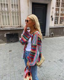 Women's Knits VOLALO Colourful Knit Stitch Hollow Out Oversize Cardigan Women Open Front Long Sleeve Flare Cuff Sweater