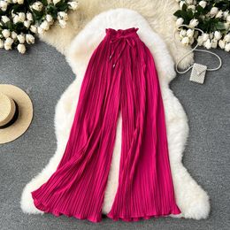 Skirts Women Solid High Waist Pleats Pants Wide Leg Korean Fashion Elegant Casual Vintage Summer Streetwear Clothing