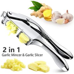 Garlic Press Stainless Steel 2 in 1 Garlic Slicer Mincer Dual Function Garlic Crusher Handheld Squeezer Tool Kitchen Gadgets 240407