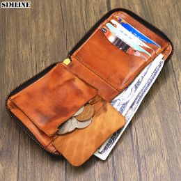 Wallets SIMLINE Genuine Leather Wallet For Men Male Vintage Cowhide Short Bifold Zipper Around Men's Purse With Coin Pocket Card Holder