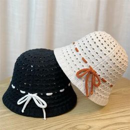 Berets Korean Version Sweet Bow Knitted Fisherman Hat Spring/Summer Hollow Breathable Face Showing Small Bowl Sunshade Bucket