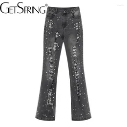 Women's Jeans Women 2024 Spring Vintage Splash Ink Ripped Bead Flare Pants Fashion High Waist Slim Long Denim Trousers