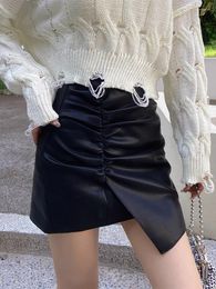 Skirts Dabuwawa Asymmertrical Skirt PU Leather American Retro Autumn 2024 Women Punk Style Pleated Shirring Irregular Bottom DM1CSK009