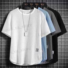 Men's T-Shirts Casual Solid Colour Badge Ice Silk Man T-shirt Summer Half Slve High Quality Round Neck Loose Hong Kong Style Fashion Male Top T240419