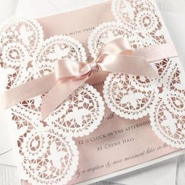 10 pieces White Lace Rose Gold Bowknot Wedding Invitation Card Laser Floral Pink Engagement Quinceanera Invitations IC134 240419