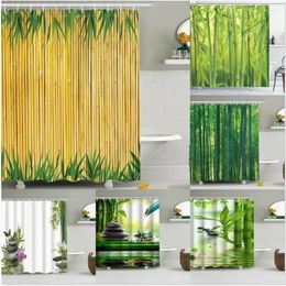 Shower Curtains Green Bamboo Print Leaf Flower Bathroom Curtain Waterproof Fabric Bathtub Screen Background Wall Decor With Hook