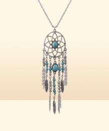 Vintage dream catcher necklace tassel feather turquoise bohemian style long sweater chain charm jewelry Xmas gifts 12pcs21028459830