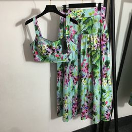 Green Dress Suits Summer Two Piece Set Designer Women Clothing Floral Print Sexy Camisole Top And High Waisted Pleated Long Skirt Sets Fashion Matching Sets