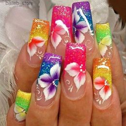 False Nails 24Pcs wearable False Nails Long Coffin Press on Nails with Rhinestone colorful Flower Design Ballet artificial Fake Nails tips Y240419