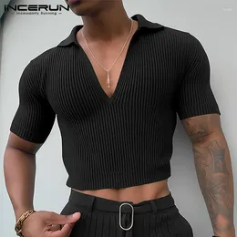 Men's T Shirts INCERUN Tops 2024 American Style Knitted V-neck Well Fitting T-shirts Casual Stylish Male Short Sleeved Camiseta S-5XL