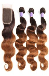 Brazilian Virgin Human Hair Bundles with Closure Body Wave 2 Tone Ombre 430 Bundles wave 3 Bundles With 44 Lace Closure9729838