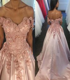 off shoulder blush pink prom dresses lace top 3d applique beaded evening dress ball gown formal party gowns quinceanera dress2941389