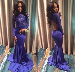 Royal Blue Open Back Evening Gowns With Long Sleeves Lace Applique See Through Mermaid Prom Dresses African Formal Party Dress Che7385829